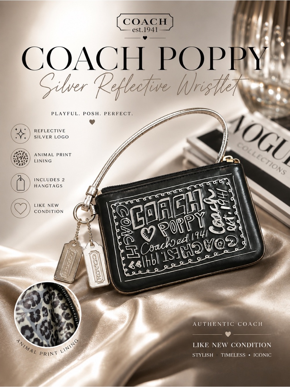 Coach Poppy Graffiti Reflective Silver Wristlet Rare Y2K Animal Print 2 Hangtags